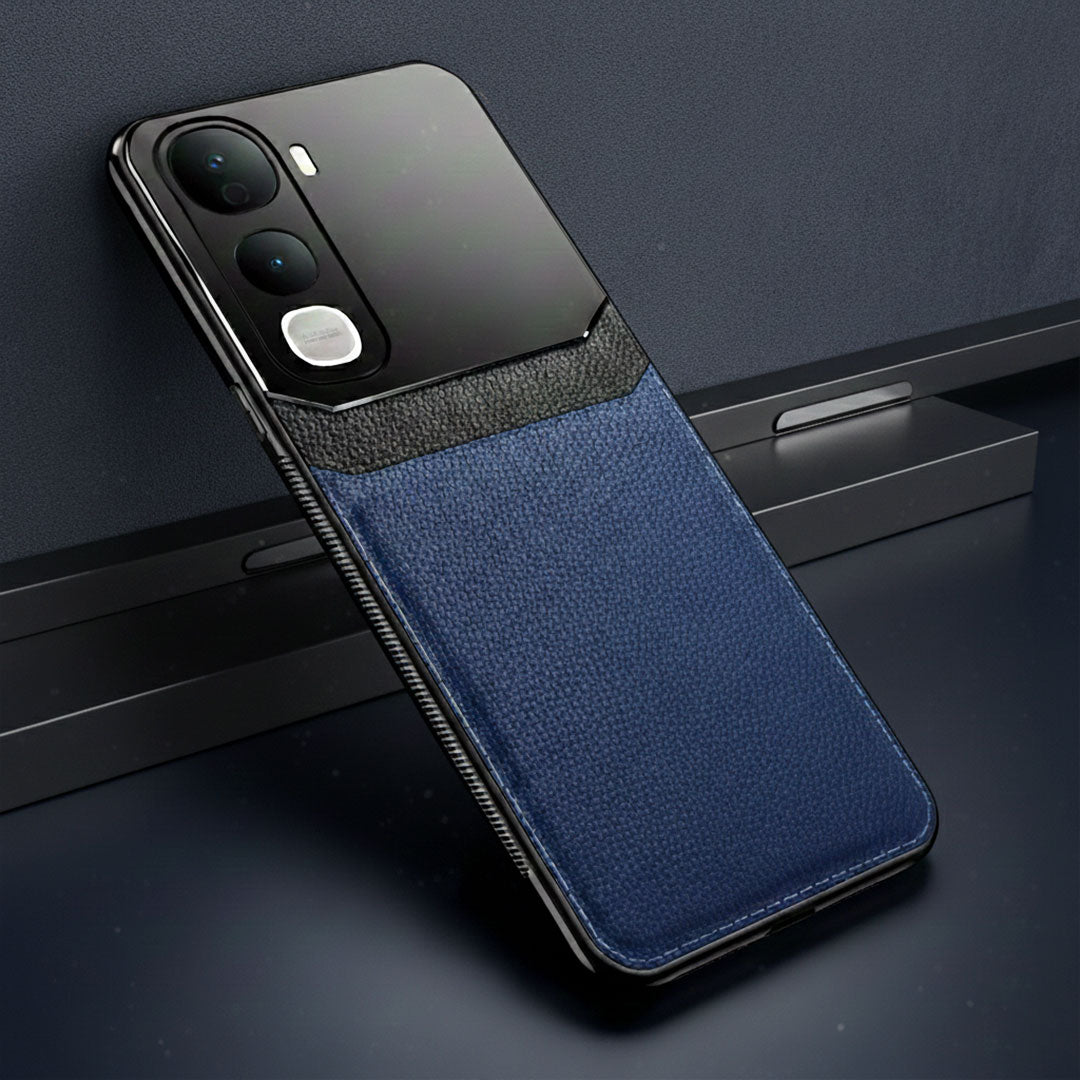 Vivo Y400 Pro 5G Phone case with blue fabric back and black metal accents on a dark background