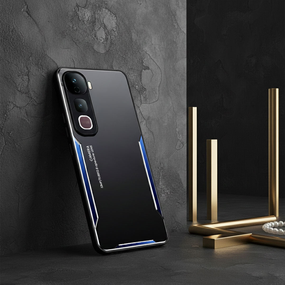 Black smartphone case with blue accents on a dark surface with decorative elements