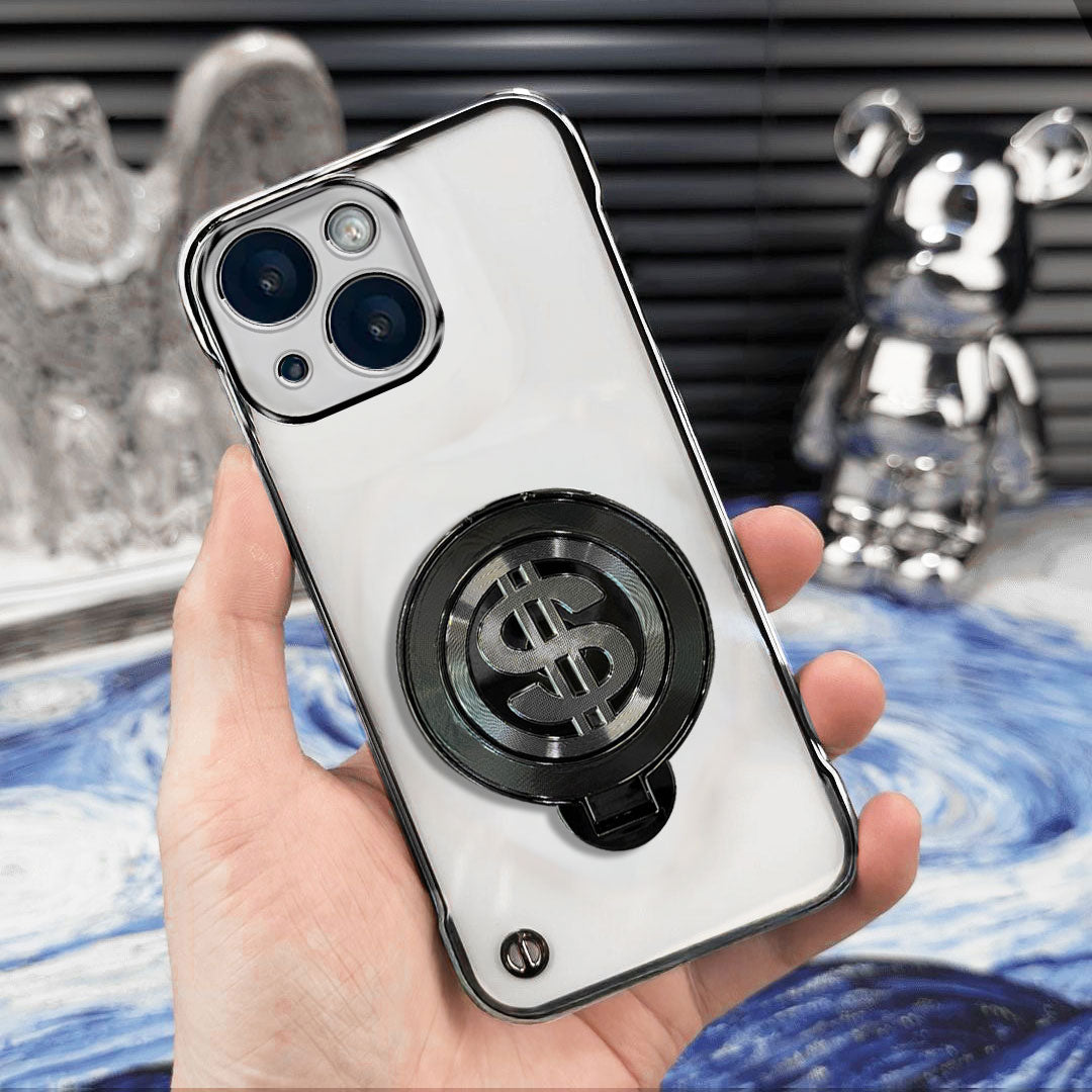 Phone case with a dollar sign design held by a hand, with a decorative background.
