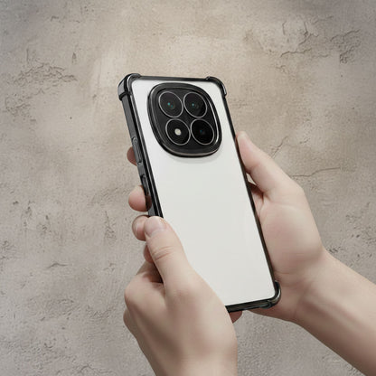 Person holding a smartphone with a reflective case against a textured beige background