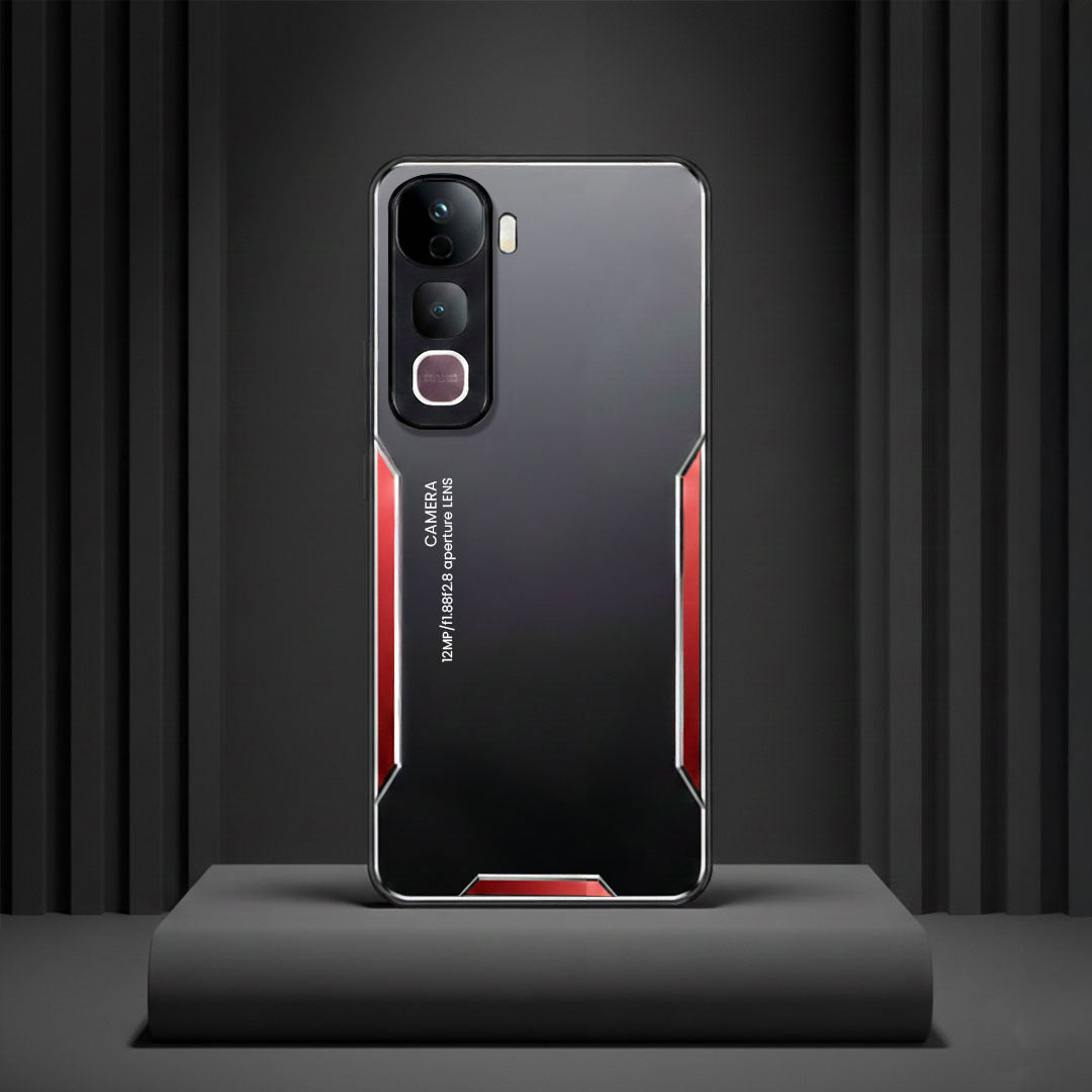Phone case with red accents on a dark background