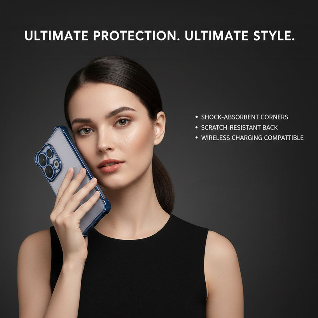 Woman holding a phone with text about product features on a dark background