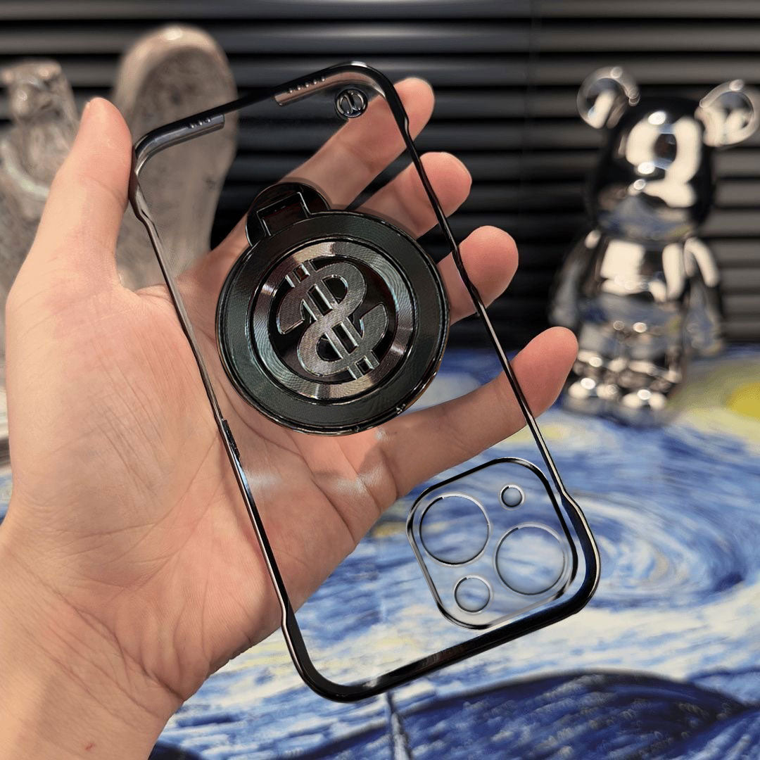 Hand holding a phone case with a Bitcoin symbol design on a Van Gogh painting background.