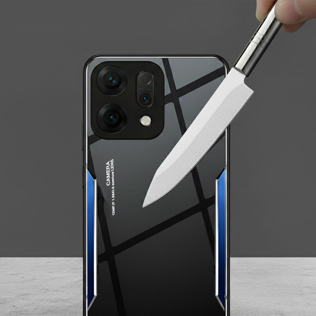 Smartphone with a reflective surface being cut by a knife on a gray background
