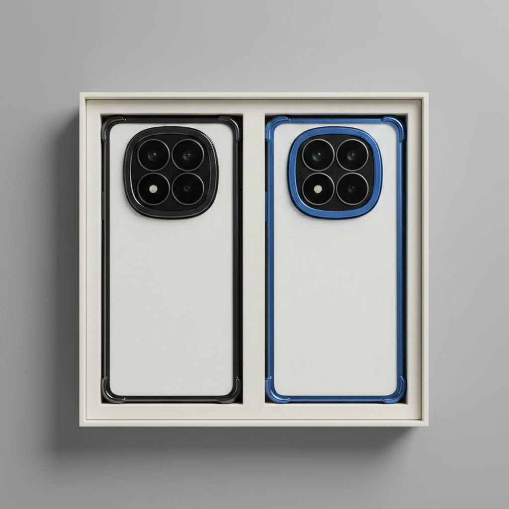 Two Redmi Note 14 Pro Plus 5G phone cases, one black and one blue, in a box on a gray background