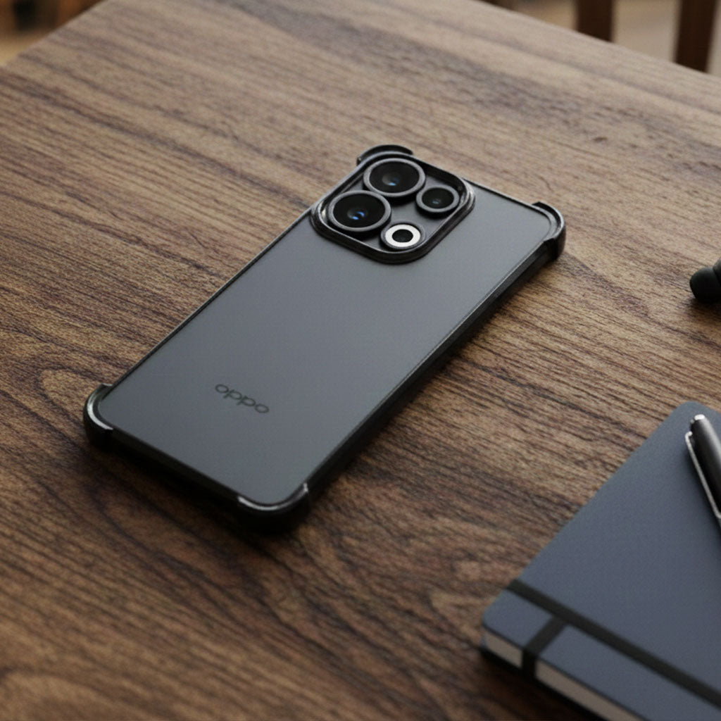 Black Oppo phone case on a wooden surface with a notebook and pen.