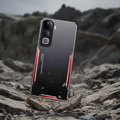 Phone case with red accents on a rocky surface