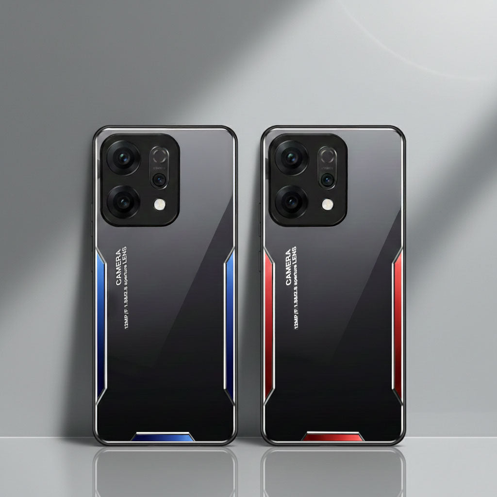 Oppo Reno 14 5G Two smartphone cases with camera arrangement on a gray background