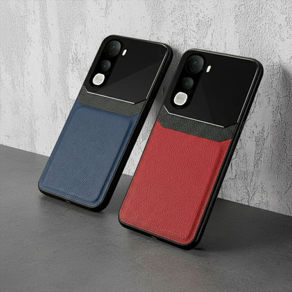 Vivo Y400 Pro 5G Two phone cases, one blue and one red, on a gray surface with a concrete wall background.