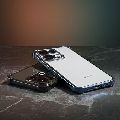 Two Oppo smartphones on a marble surface with a gradient background