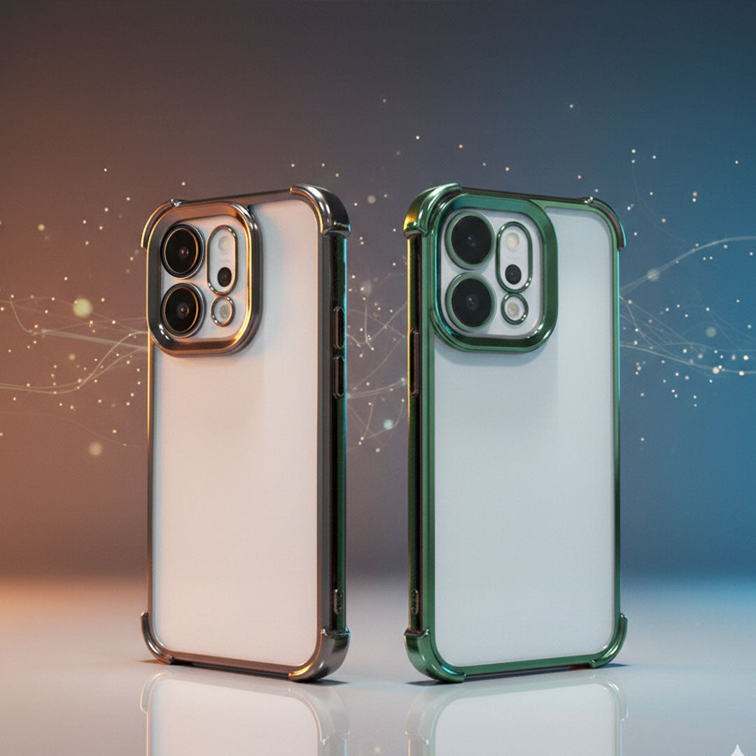 Oppo Reno 14 5G Two phone cases, one gold and one green, on a gradient background