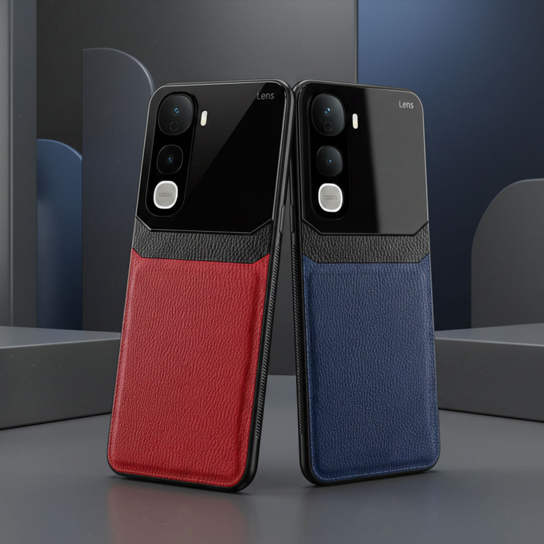 Two phone cases, one red and one blue, on a reflective surface with a blurred background.