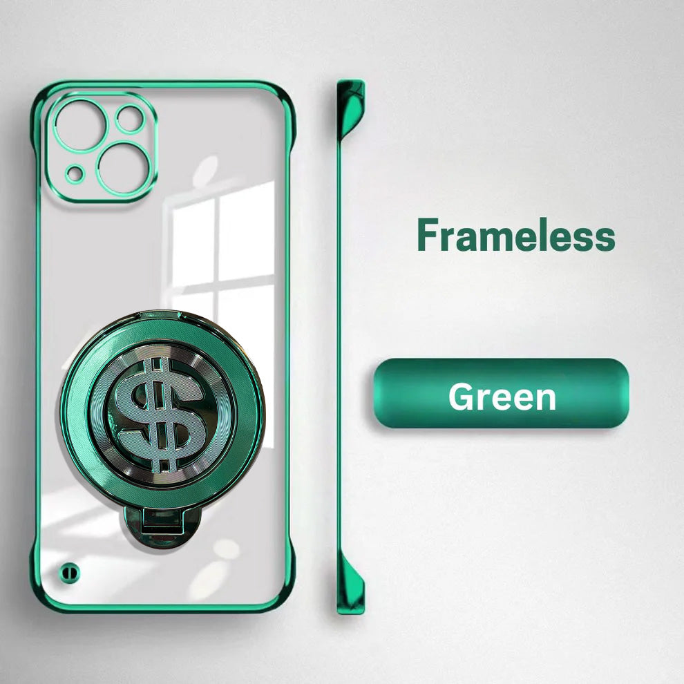 Green phone case with dollar sign design and 'Frameless' text on a white background