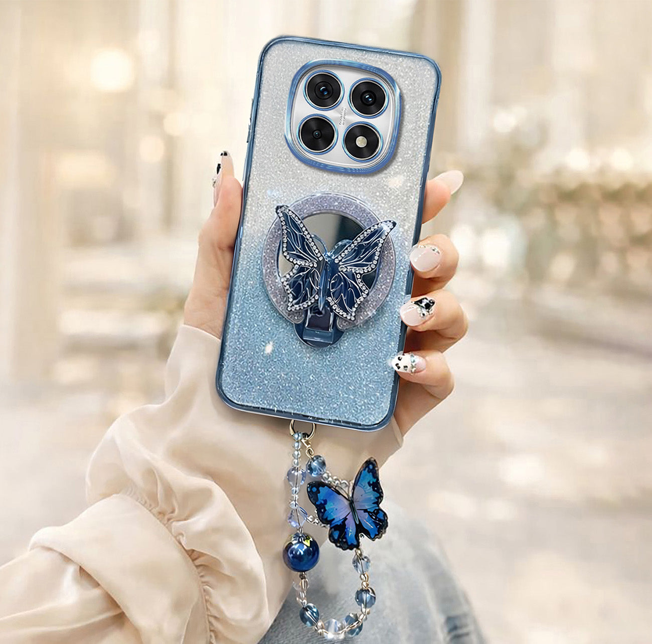 Redmi Note 14 Pro+ 5G Stunning Shimmer Electroplating Butterfly Stand Charm Case