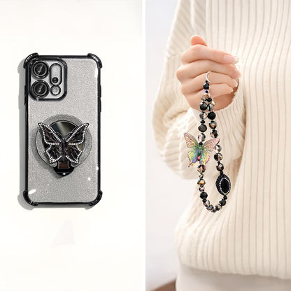 Oppo Reno 14 5G Phone case with butterfly design and beaded keychain held by a person wearing a white sweater.