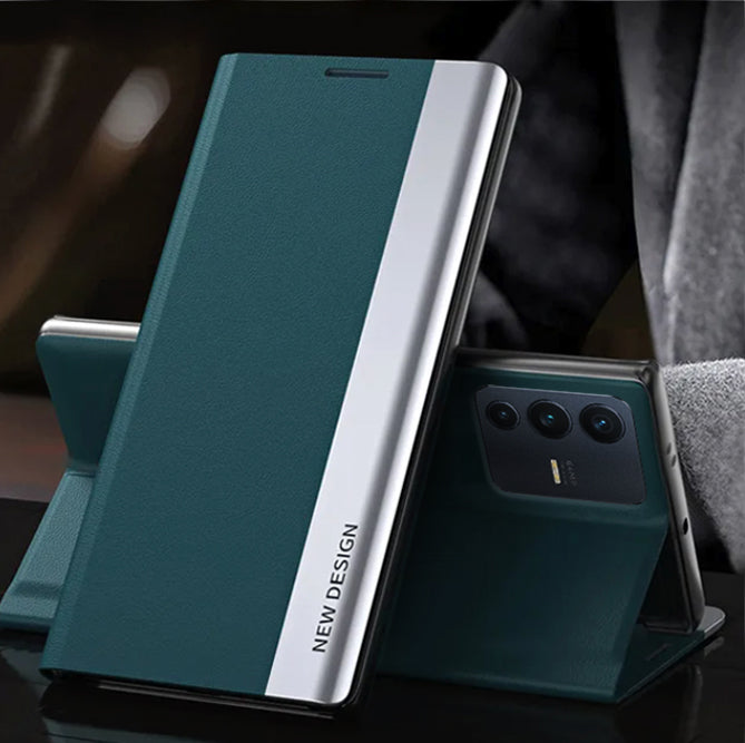 Green phone case with stand feature on a dark background