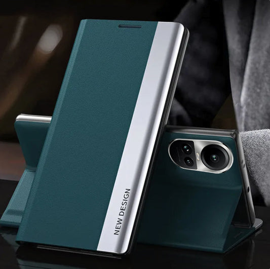 A green and black Oppo Reno 10 5G flip leather case with a magnetic closure and a white accent on the side.